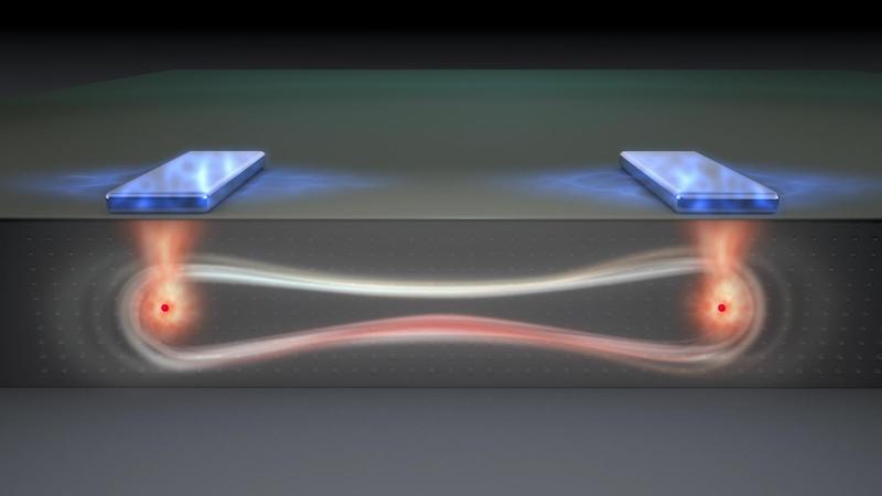 Artist's impression of the 'flip-flop' qubits exhibiting quantum entanglement. Credit: Tony Melov/UNSW