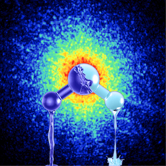 Artist's impression of the two forms of ultra-viscous liquid water with different density. On the background is depicted the x-ray speckle pattern taken from actual data of high-density amorphous ice, which is produced by pressurizing water at very low temperatures. Credit: Mattias Karlén