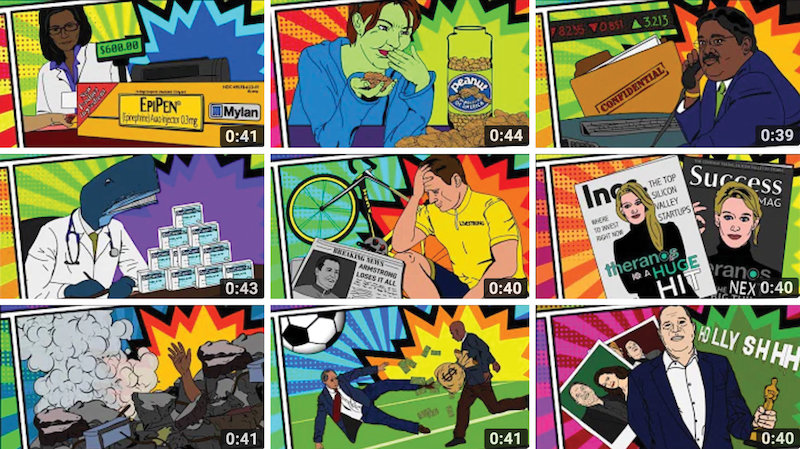 A selection of video title slides from the new Ethics Unwrapped series "Scandals Unwrapped." Credit: the McCombs School of Business of the University of Texas at Austin